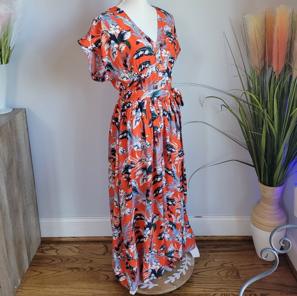 LOFT, New Red Botanical Tropical Floral V-Neck Button Tie Waist Midi Dress 4 - Picture 5 of 12